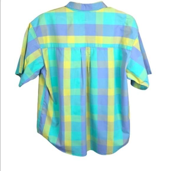 Dockers Striped Blouse Plaid Pastel Button Front Short Sleeve Front Pocket Large - Picture 3 of 8